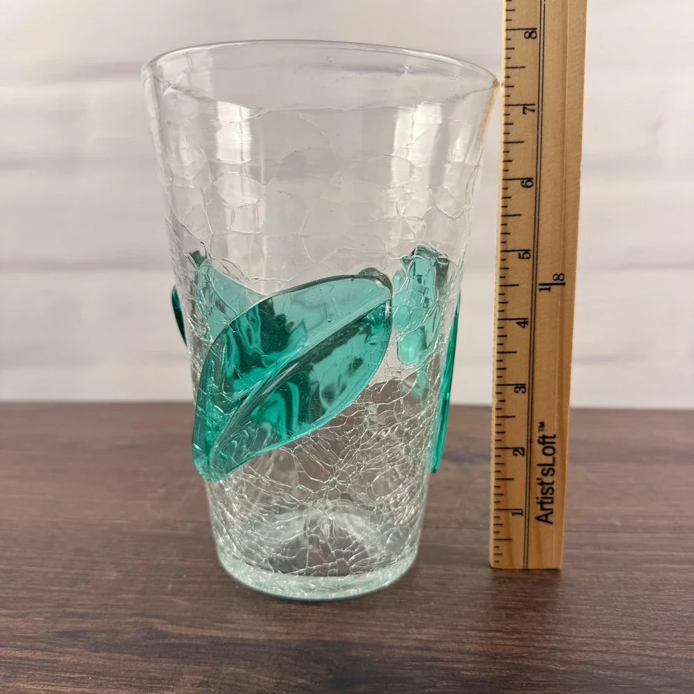 Blenko 366SL Leaf Beaker Vase Sea Green Crackle Glass Mid Century